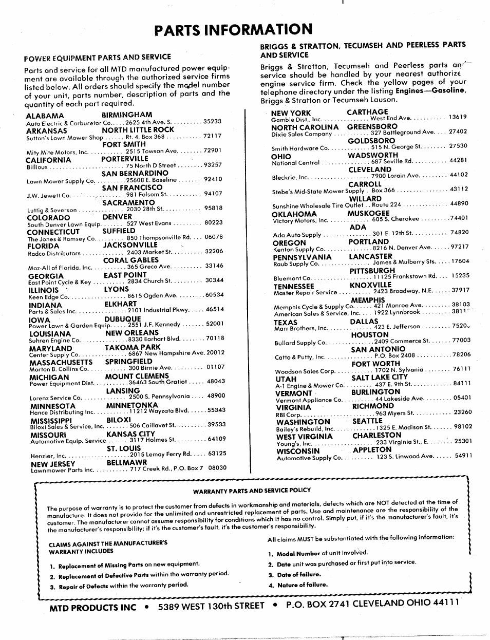 Power equipment parts and service, Alabama birmingham, New jersey bellmawr | New york carthage, Parts information | MTD 248-650A User Manual | Page 15 / 15