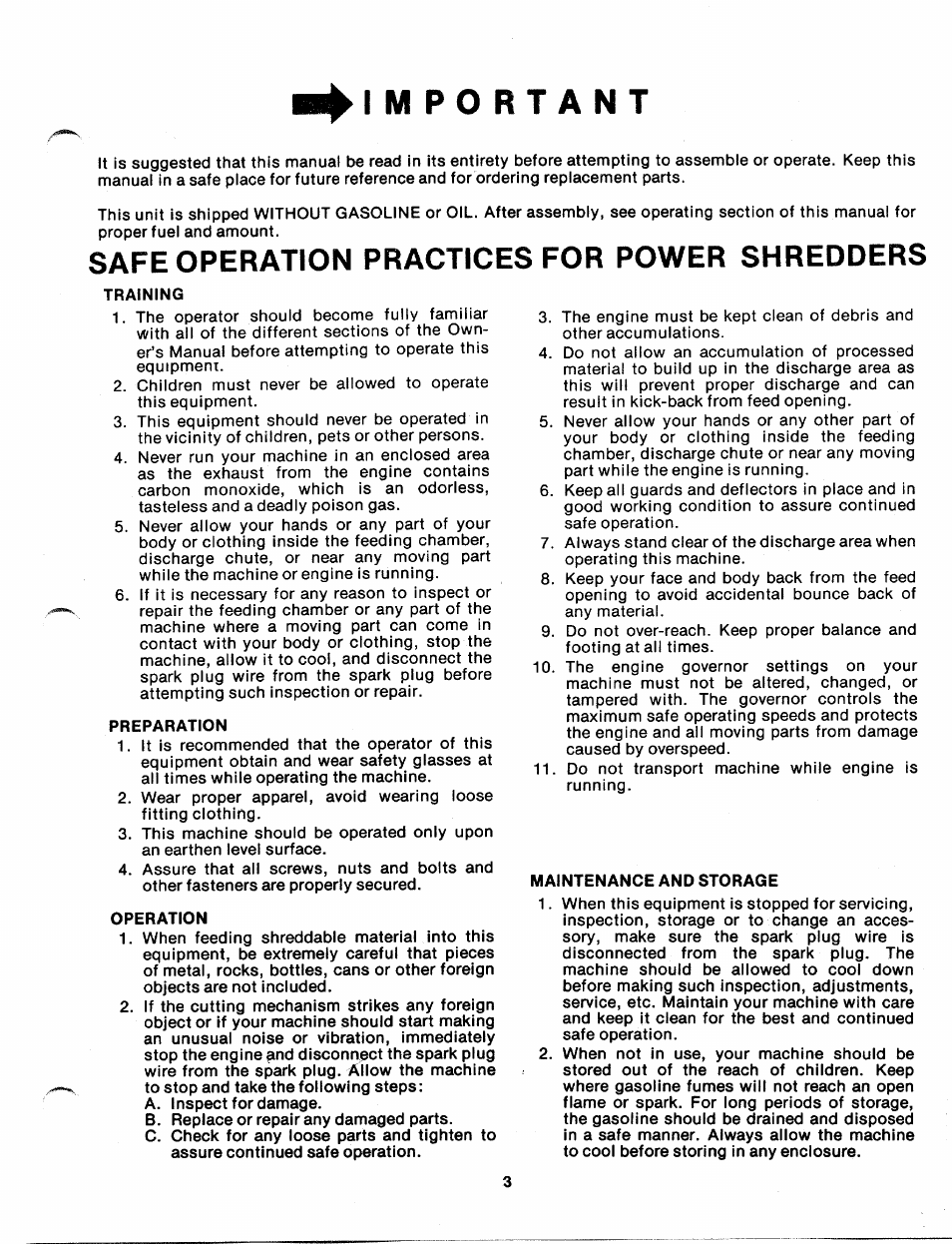 I m po rtant, Safe operation practices for power shredders | MTD 248-650A User Manual | Page 3 / 15