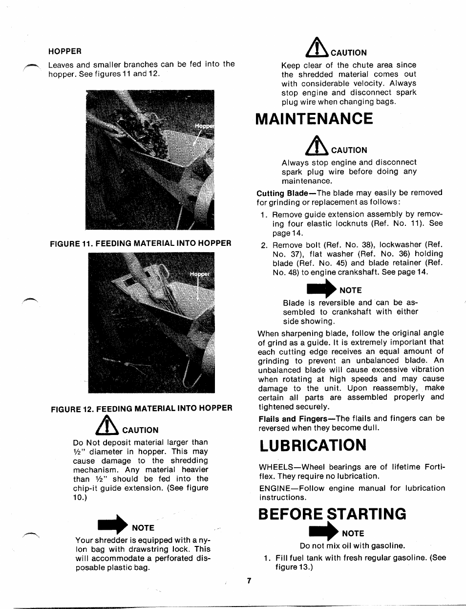 Hopper, Note, Caution | Maintenance, Lubrication, Before starting | MTD 248-650A User Manual | Page 7 / 15