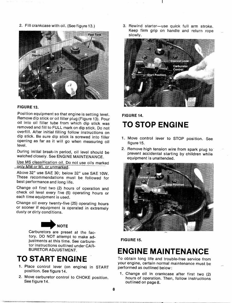 Note, To start engine, To stop engine | Engine maintenance, Álfe/ílalk | MTD 248-650A User Manual | Page 8 / 15