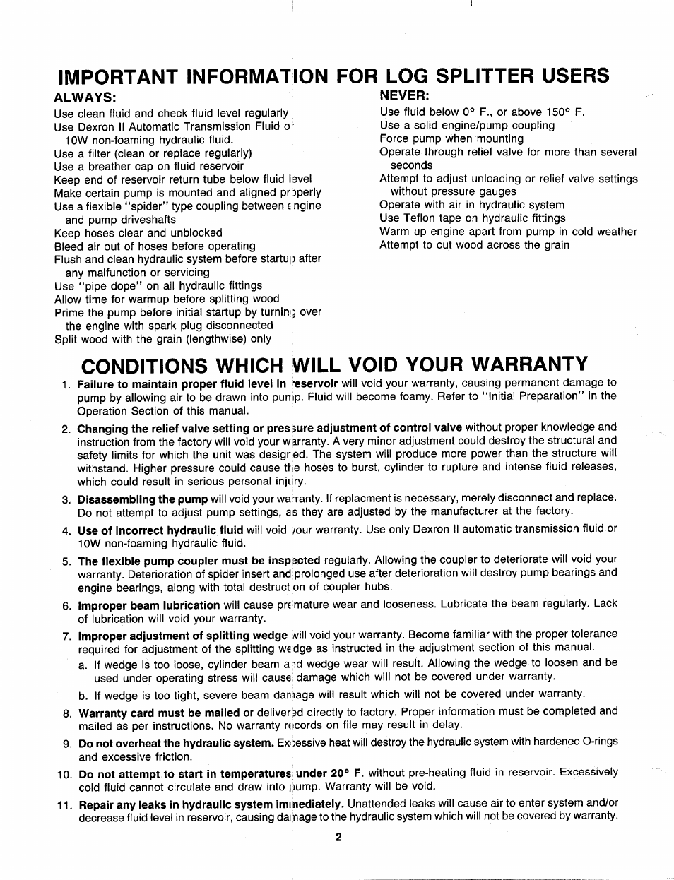 Important information, Always, Conditions which will void your warranty | For log splitter users | MTD 240-623-003 User Manual | Page 2 / 20