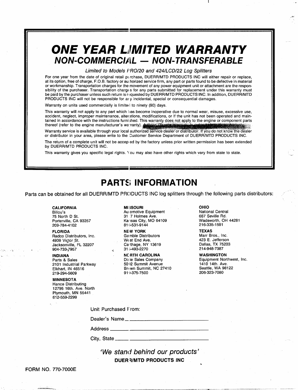 One year umited warranty, Non-commercial — non-transferable, Parts | Information, We stand behind our products | MTD 240-623-003 User Manual | Page 20 / 20