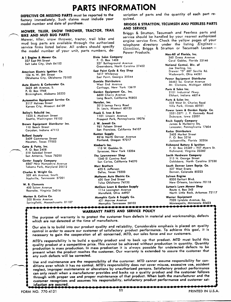 Warranty parts and service policy, Parts information, Engines | Gasoline | MTD 213-380 User Manual | Page 11 / 11