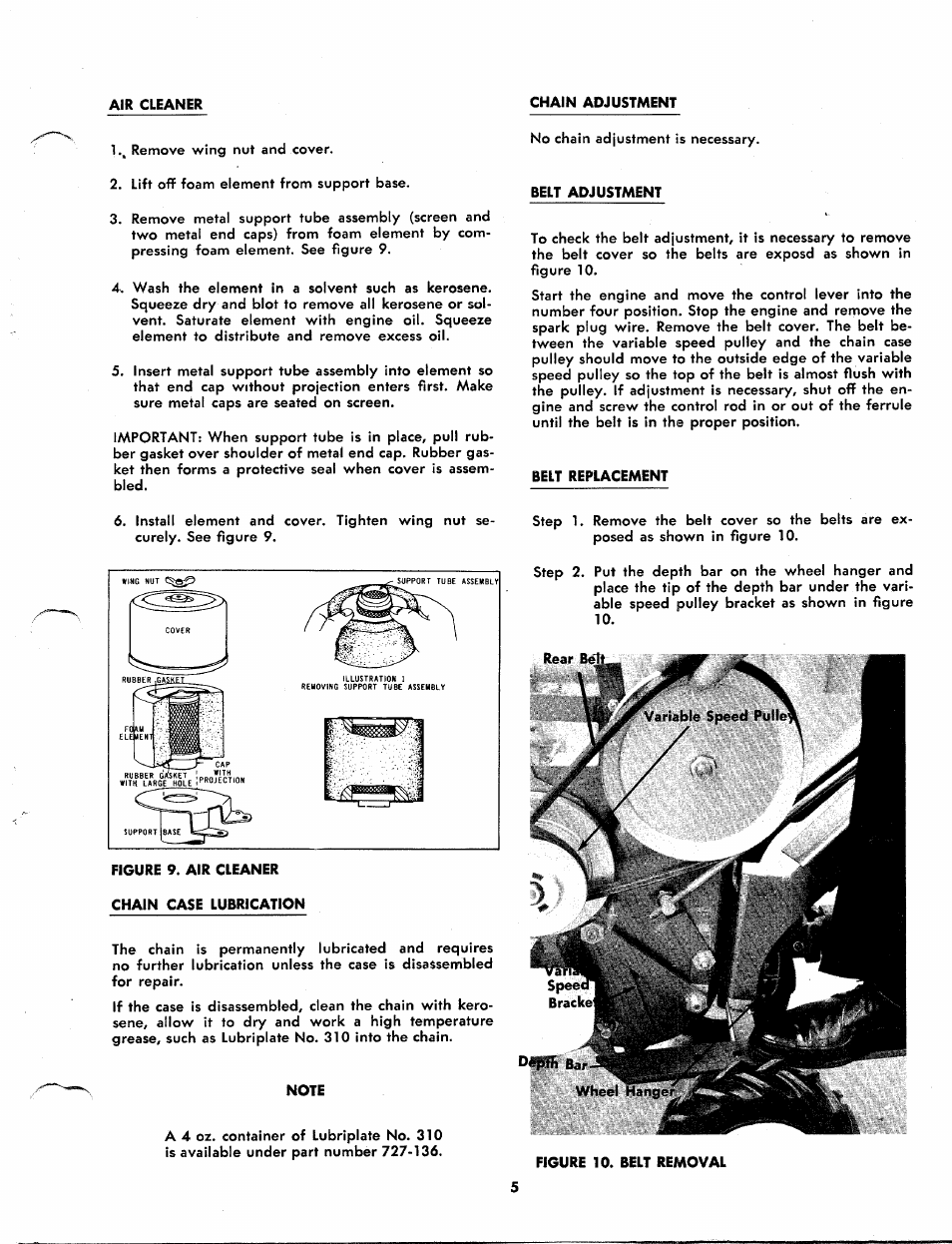 Belt adjustment, Belt replacement, Chain case lubrication | Note, Wheel hanger | MTD 213-380 User Manual | Page 5 / 11