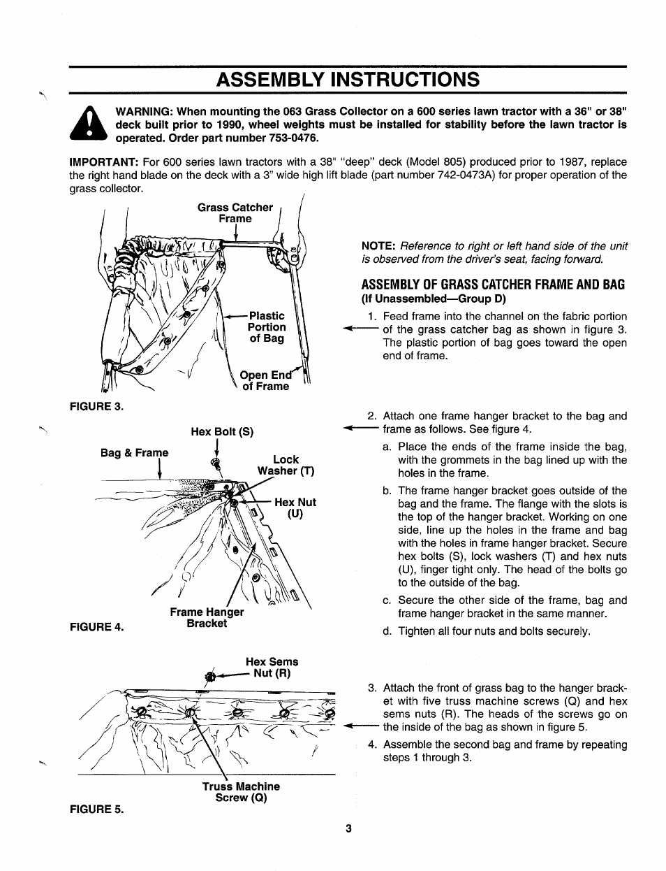 Assembly instructions, Assembly of grass catcher frame and bag, Hex sems nut (r) | MTD 190-063-000 User Manual | Page 3 / 8