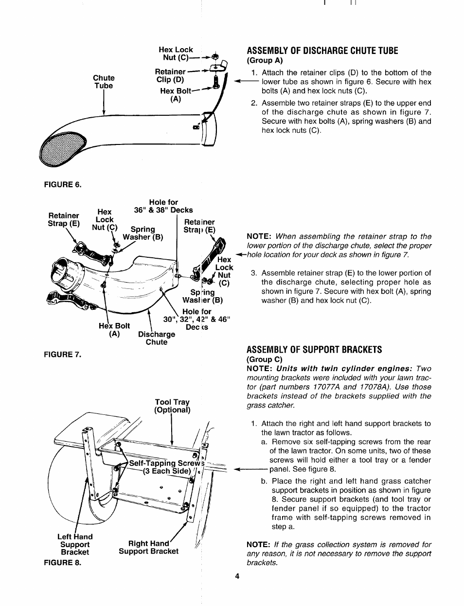 Assembly of discharge chute tube, Hex lock, Hole for | 36" & 38" decks, 32", 42" & 46" dec ts, Assembly of support brackets, Note | MTD 190-063-000 User Manual | Page 4 / 8