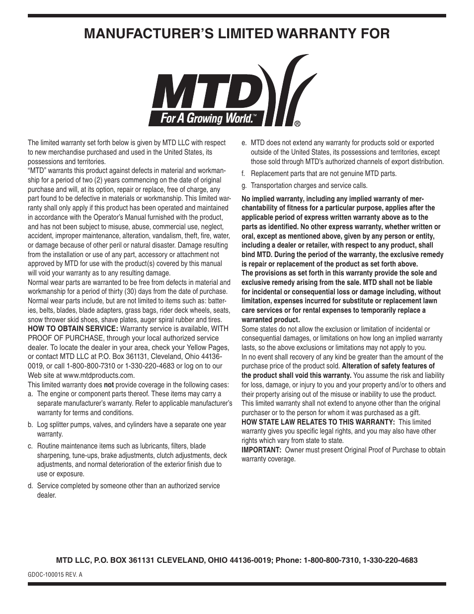 Manufacturer’s limited warranty for | MTD 460 Series User Manual | Page 24 / 24