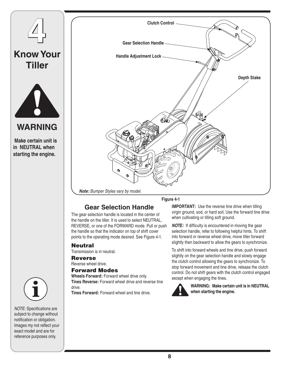 Know your tiller, Warning | MTD 460 Series User Manual | Page 8 / 24