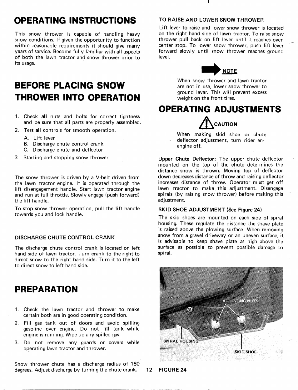 Operating instructions, Before placing snow thrower into operation, Discharge chute control crank | Preparation, To raise and lower snow thrower, Operating adjustments | MTD TMO-33849A User Manual | Page 12 / 20