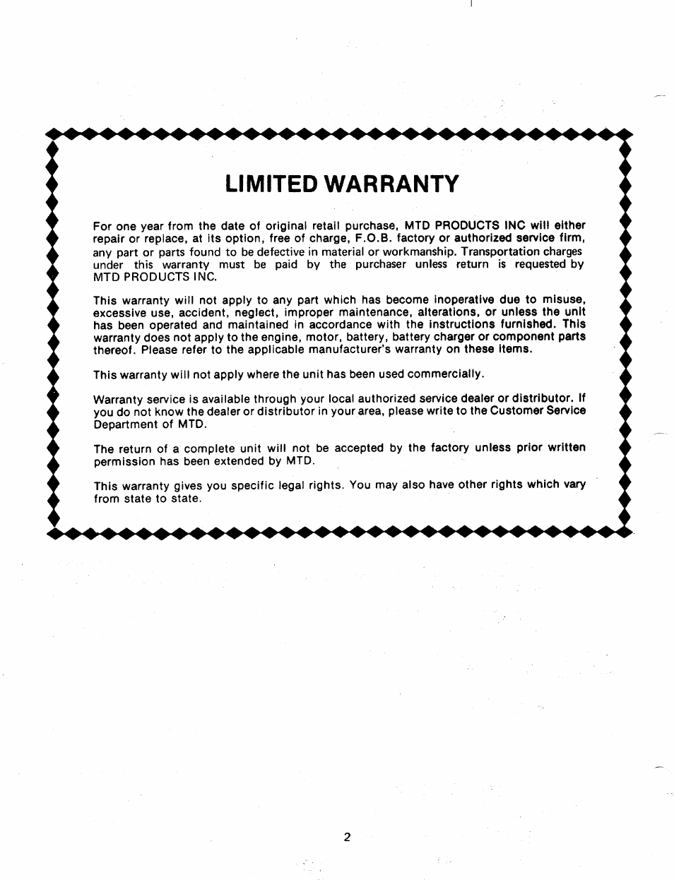 Limited warranty | MTD TMO-33849A User Manual | Page 2 / 20