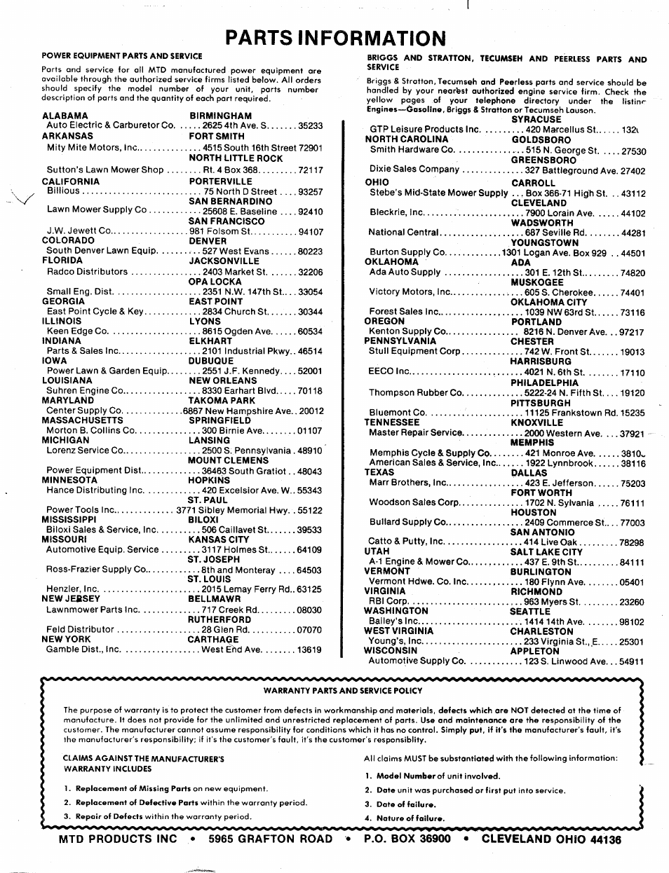 Parts information | MTD TMO-33849A User Manual | Page 20 / 20