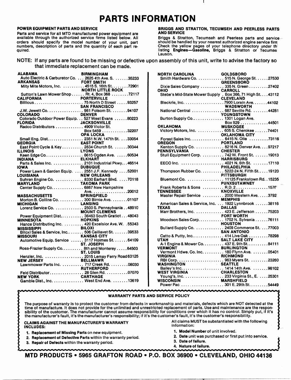 Parts information | MTD 110-111-300 User Manual | Page 15 / 15