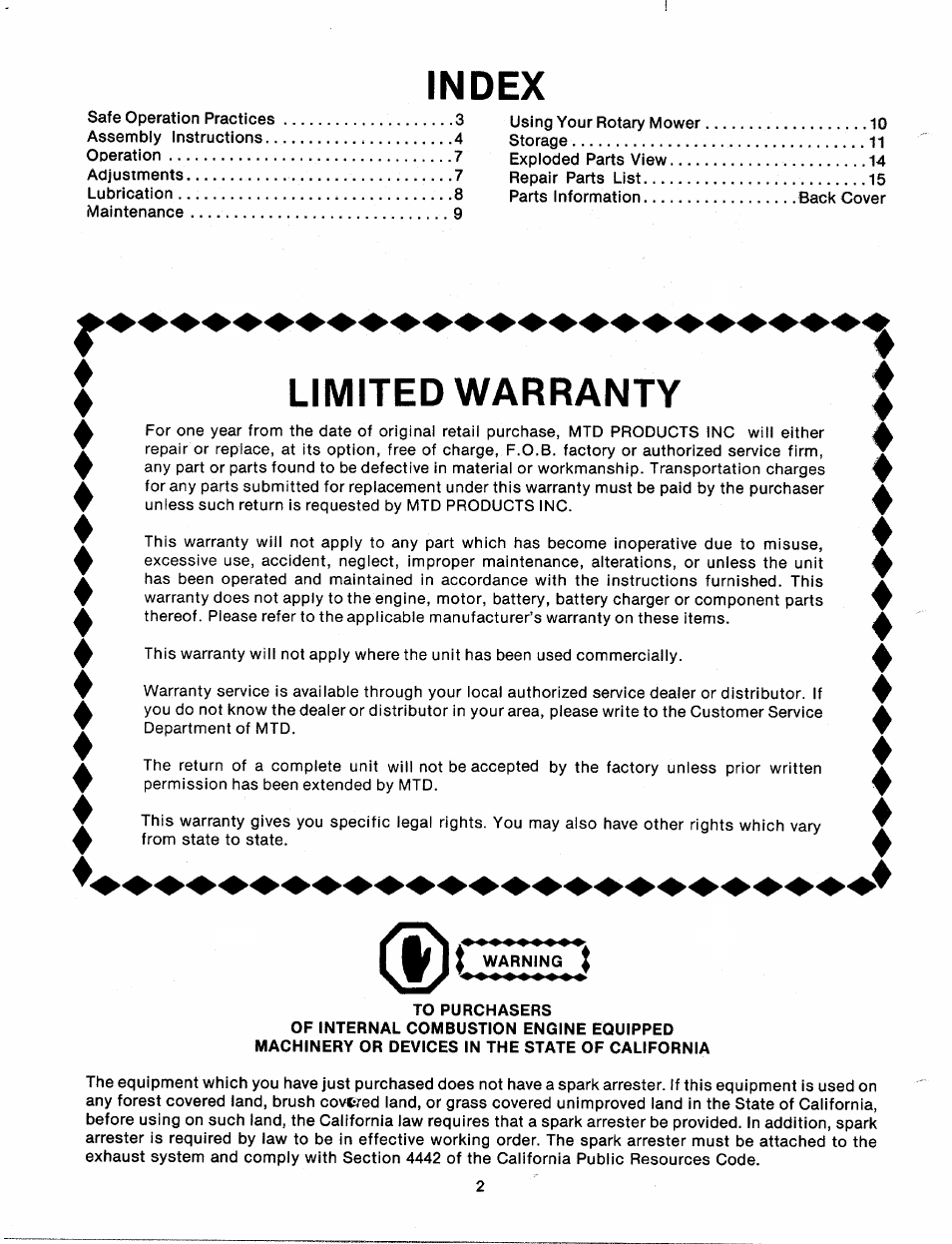 Index, Limited warranty | MTD 110-111-300 User Manual | Page 2 / 15