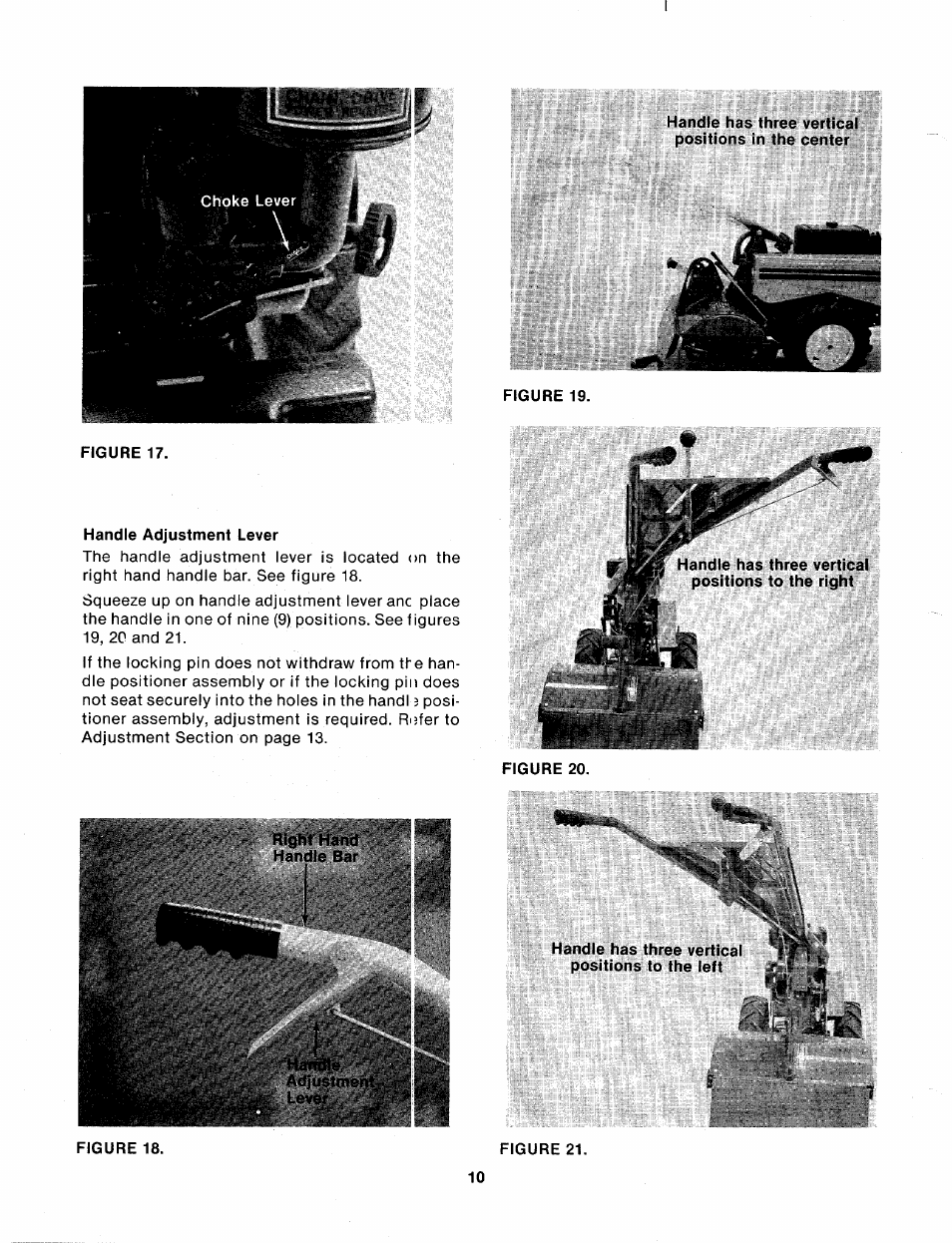 Handle adjustment lever, Figure 19, Handle has three vertical positions in the center | Handle has three vertical positions to the left, Figure 21 | MTD 214-412-000 User Manual | Page 10 / 26