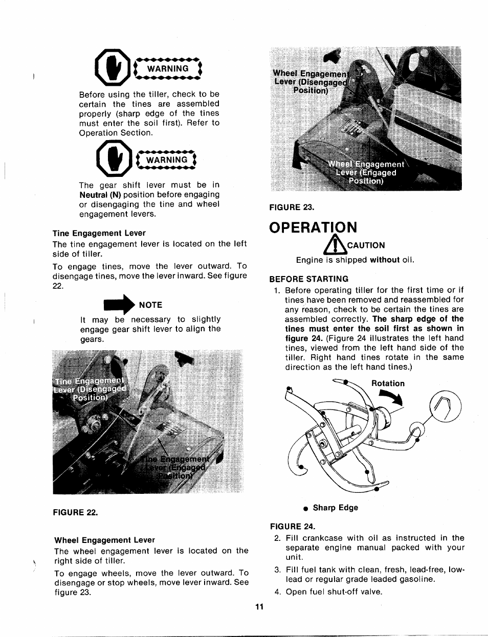 Warning, Tine engagement lever, Note | Wheel engagement lever, Figure 23, Operation, Caution, Before starting | MTD 214-412-000 User Manual | Page 11 / 26
