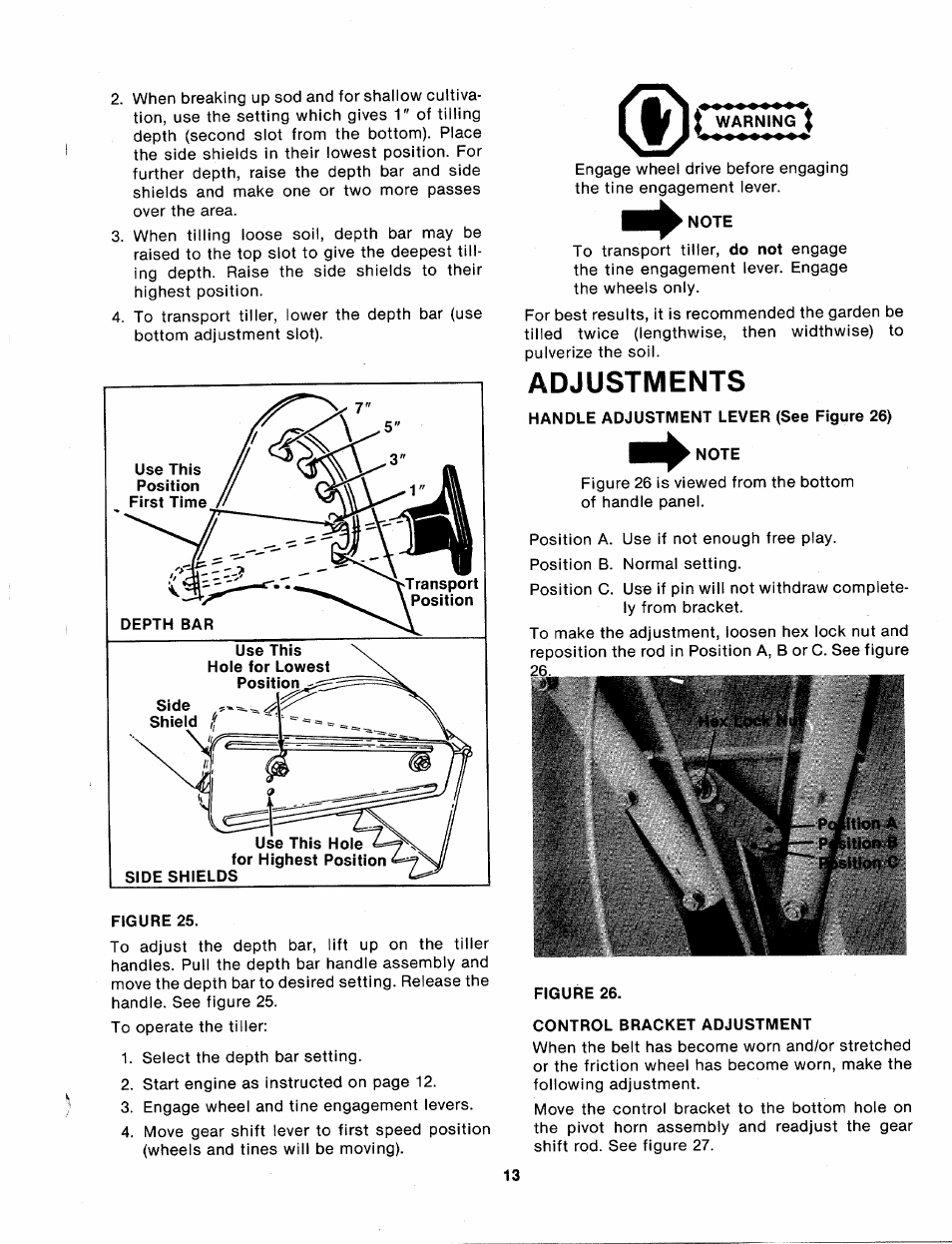 Warning j, Note, Adjustments | Handle adjustment lever (see figure 26) note, Control bracket adjustment | MTD 214-412-000 User Manual | Page 13 / 26