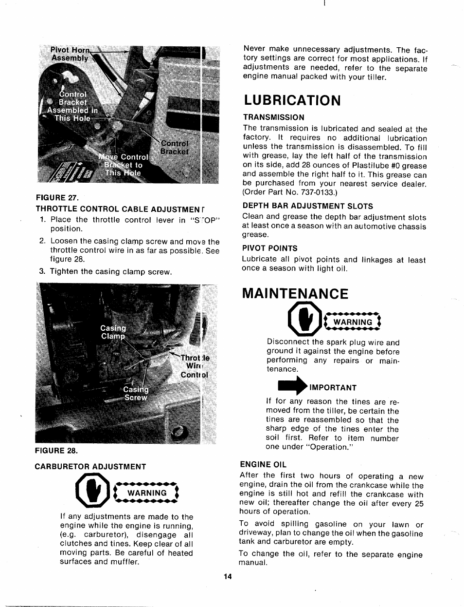 Warning, Lubrication, Transmission | Depth bar adjustment slots, Pivot points, Maintenance, Important, Engine oil, Lubrication maintenance | MTD 214-412-000 User Manual | Page 14 / 26