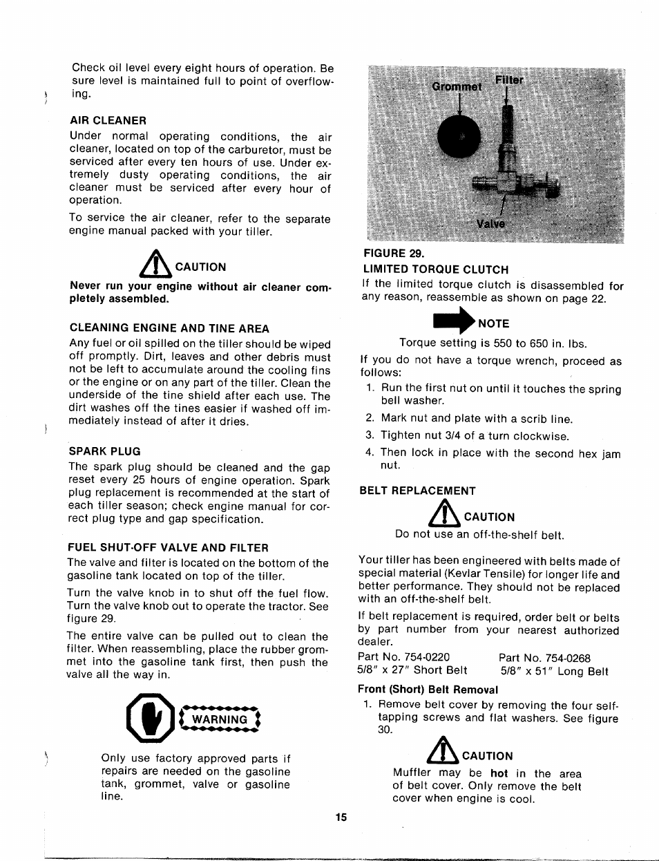 Air cleaner, Cleaning engine and tine area, Spark plug | Fuel shut-off valve and filter, Warning, Note, Belt replacement, Caution | MTD 214-412-000 User Manual | Page 15 / 26