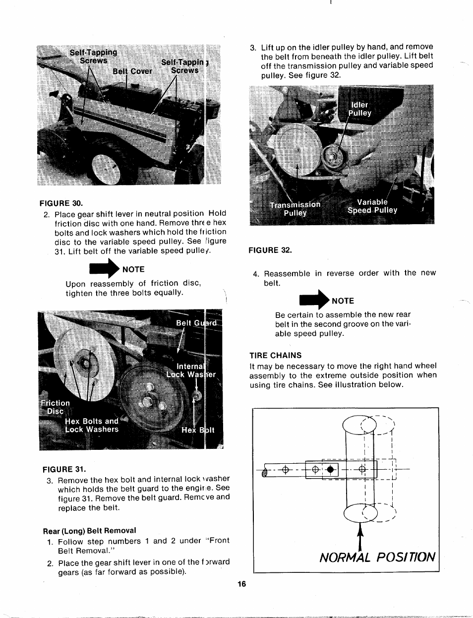 Note, Rear (long) belt removal, Tire chains | MTD 214-412-000 User Manual | Page 16 / 26