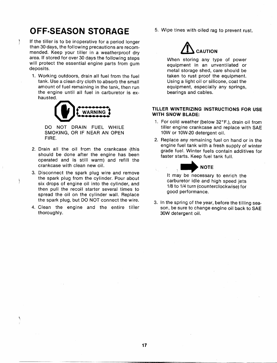 Off season storage, T. warning, Note | Off-season storage | MTD 214-412-000 User Manual | Page 17 / 26