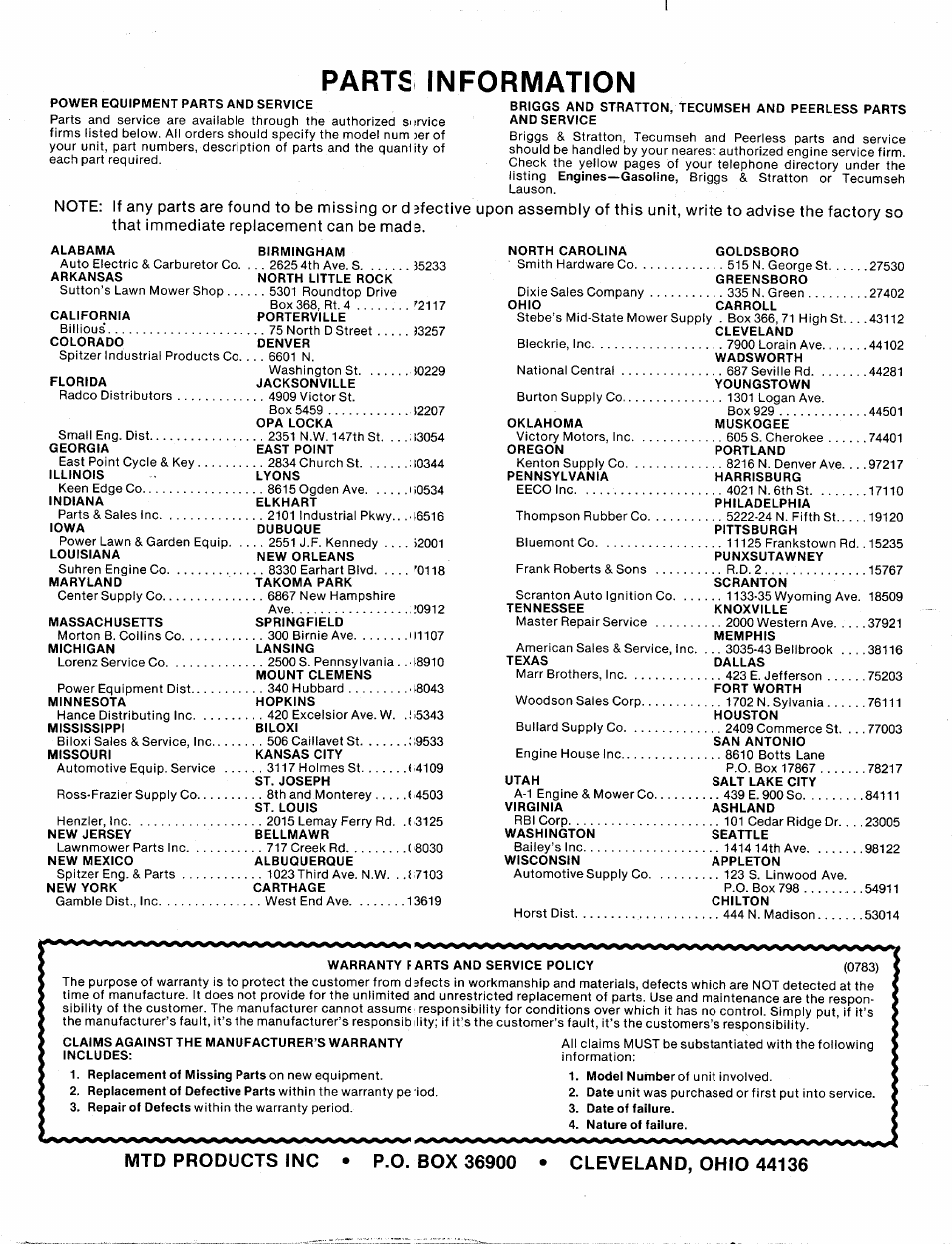 Parts information | MTD 214-412-000 User Manual | Page 26 / 26