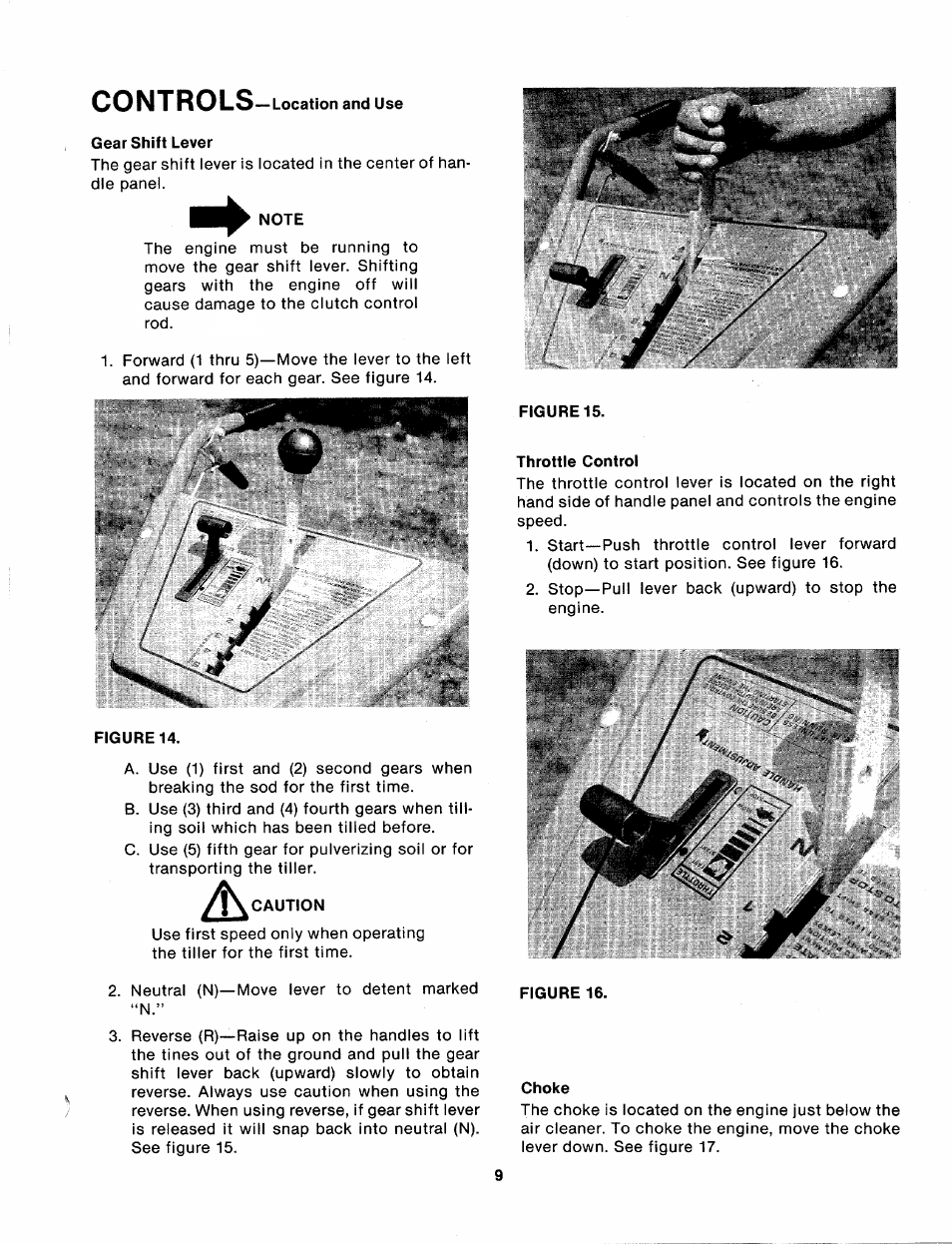 Gearshift lever, Caution, Throttle control | Choke, Controls | MTD 214-412-000 User Manual | Page 9 / 26