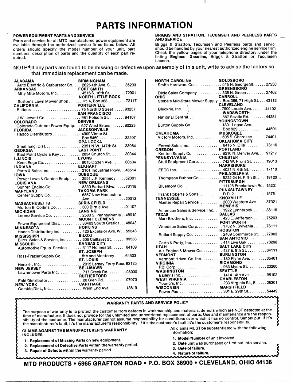 Parts information | MTD 241-688A User Manual | Page 10 / 10