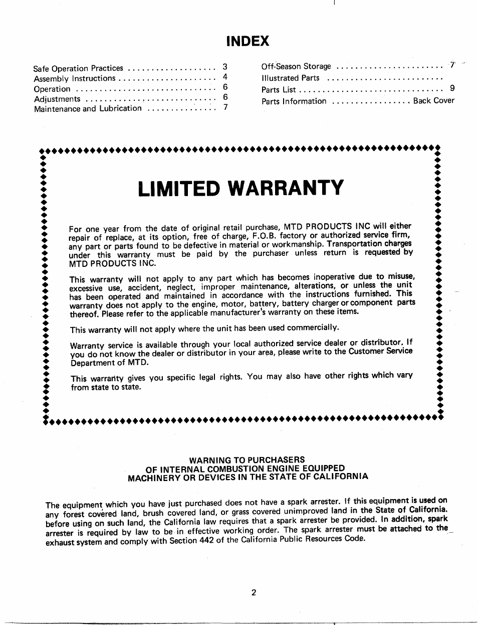 Limited warranty, Index | MTD 241-688A User Manual | Page 2 / 10
