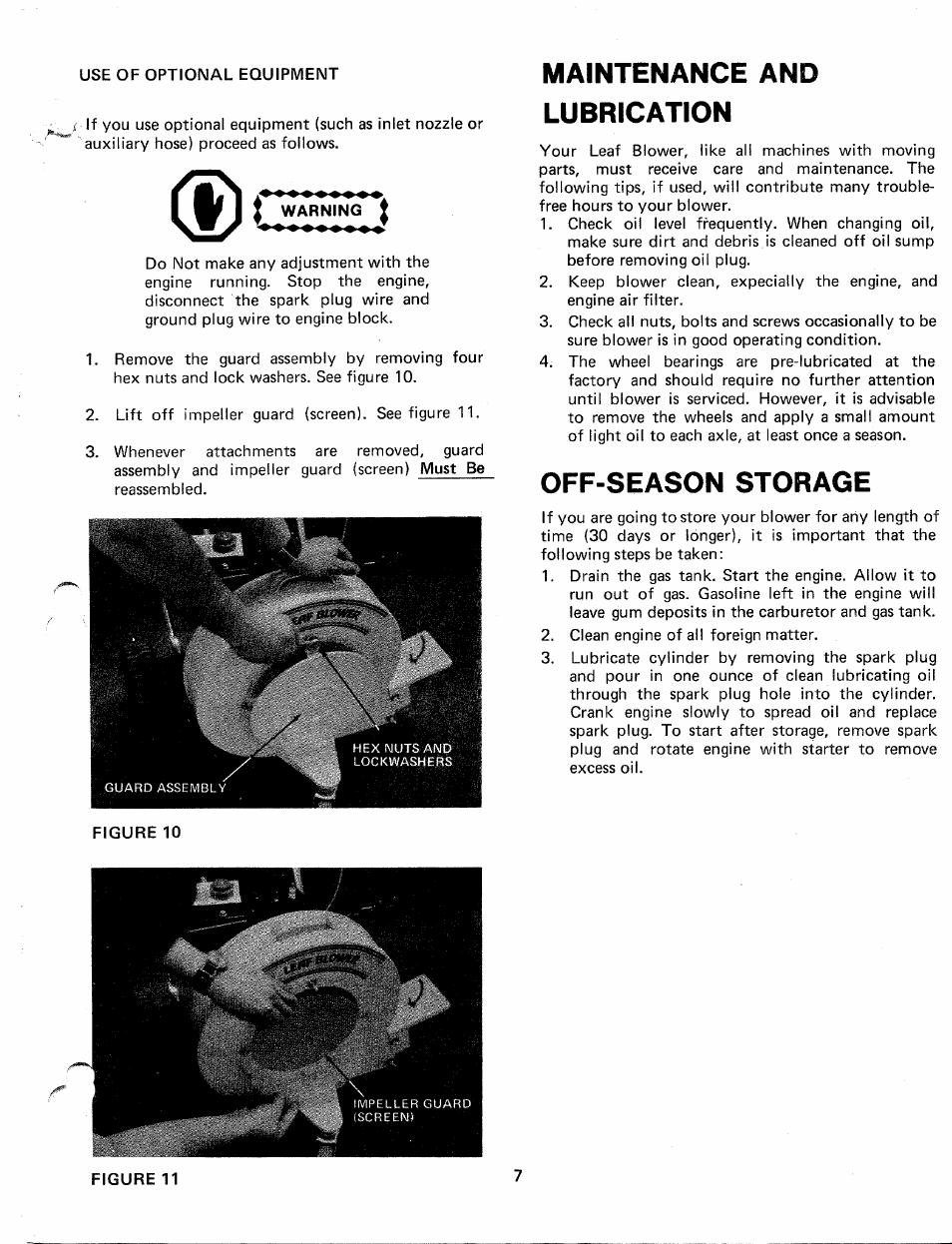 Use of optional equipment, Warning i, Maintenance and lubrication | Off-season storage | MTD 241-688A User Manual | Page 7 / 10