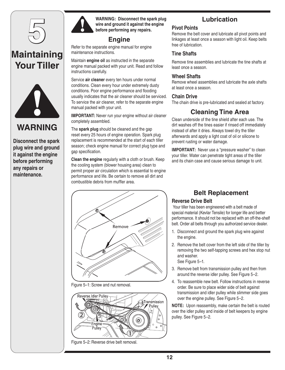 Maintaining your tiller, Warning | MTD 390 Series User Manual | Page 12 / 20