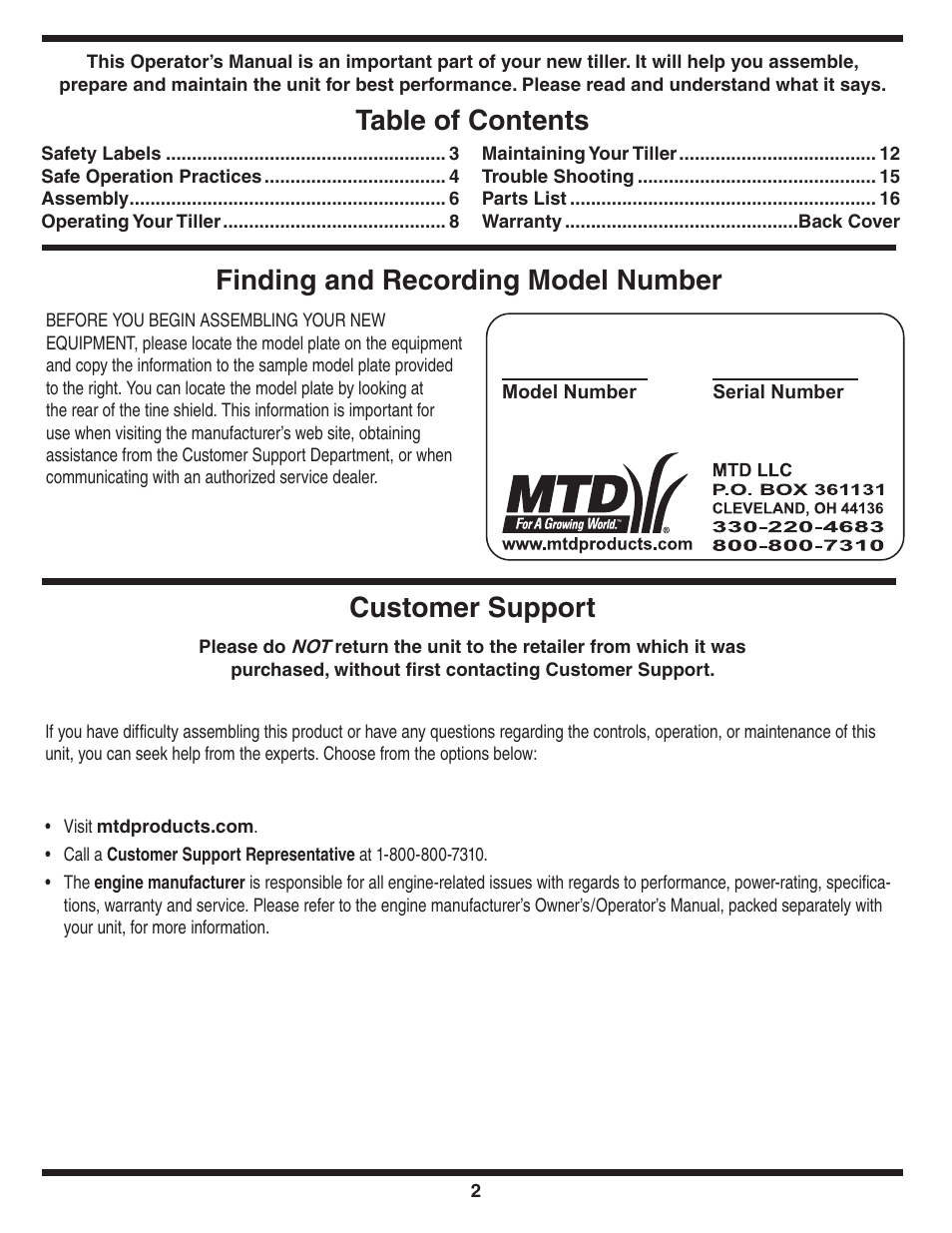 MTD 390 Series User Manual | Page 2 / 20