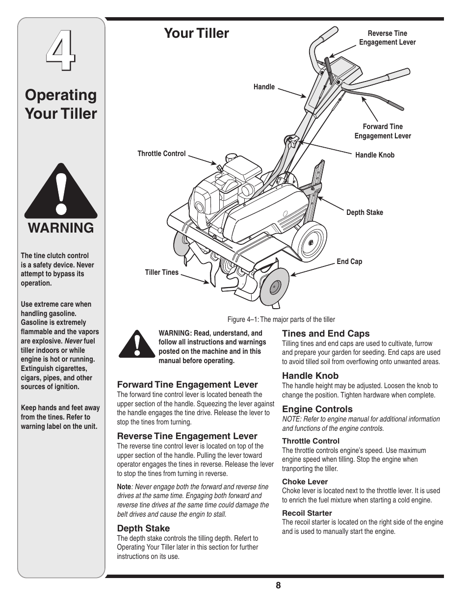 Operating your tiller, Warning, Your tiller | MTD 390 Series User Manual | Page 8 / 20