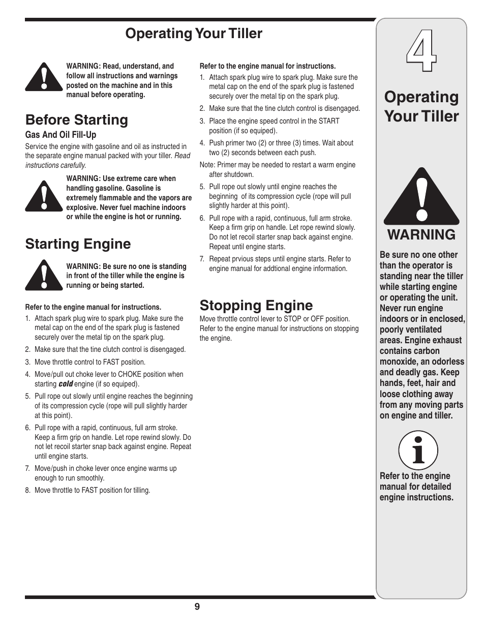 Operating your tiller, Warning, Before starting | Starting engine, Stopping engine | MTD 390 Series User Manual | Page 9 / 20