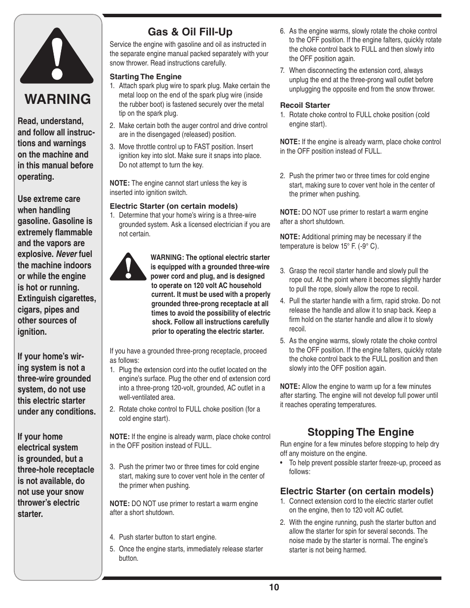 Warning, Gas & oil fill-up, Stopping the engine | MTD 769-03244 User Manual | Page 10 / 52