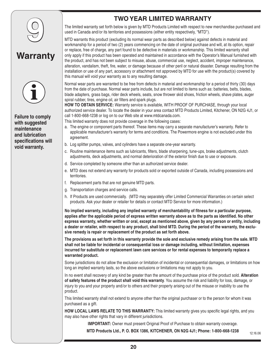 Warranty | MTD 769-03244 User Manual | Page 20 / 52