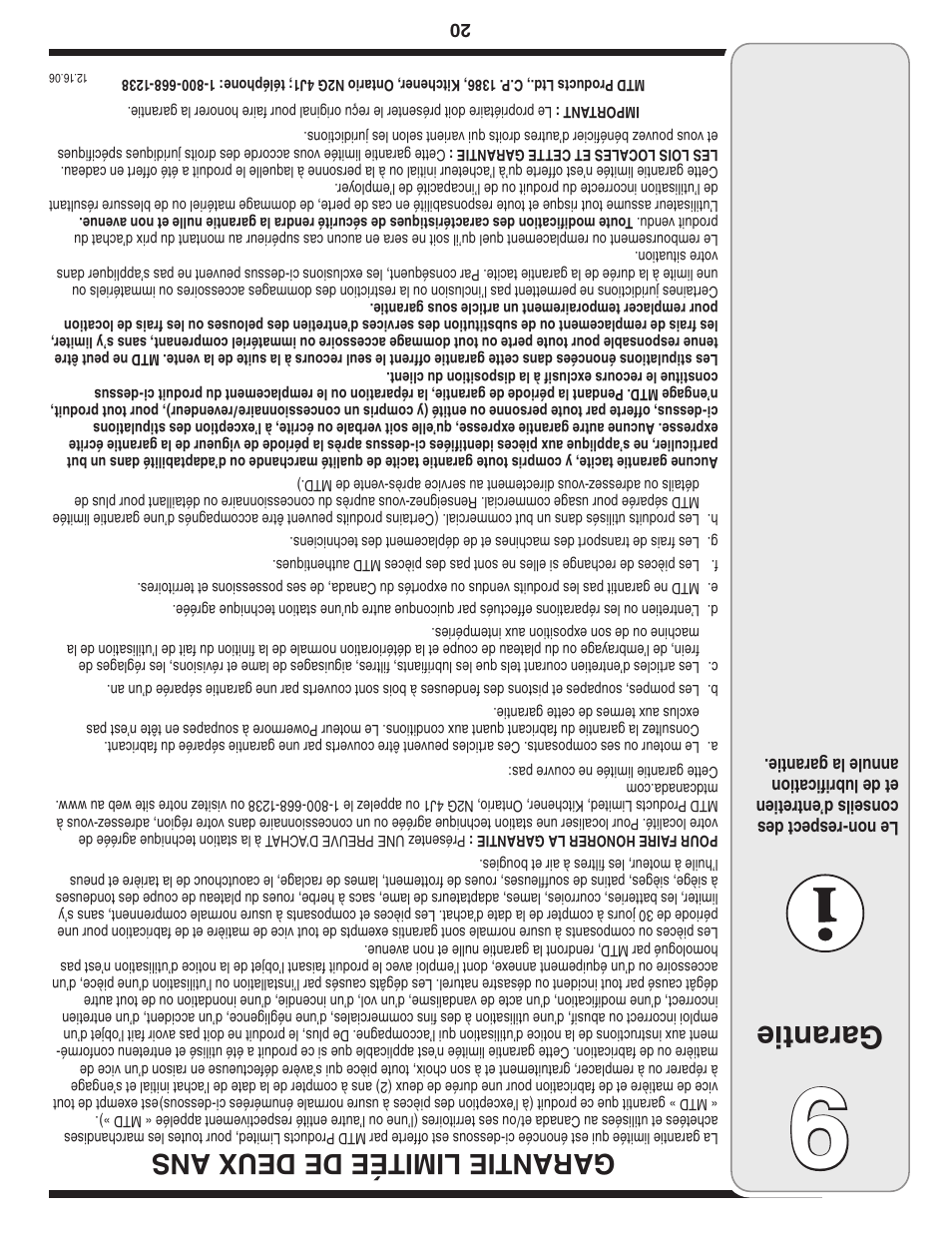 Garantie, Garantie limitée de deux ans | MTD 769-03244 User Manual | Page 33 / 52