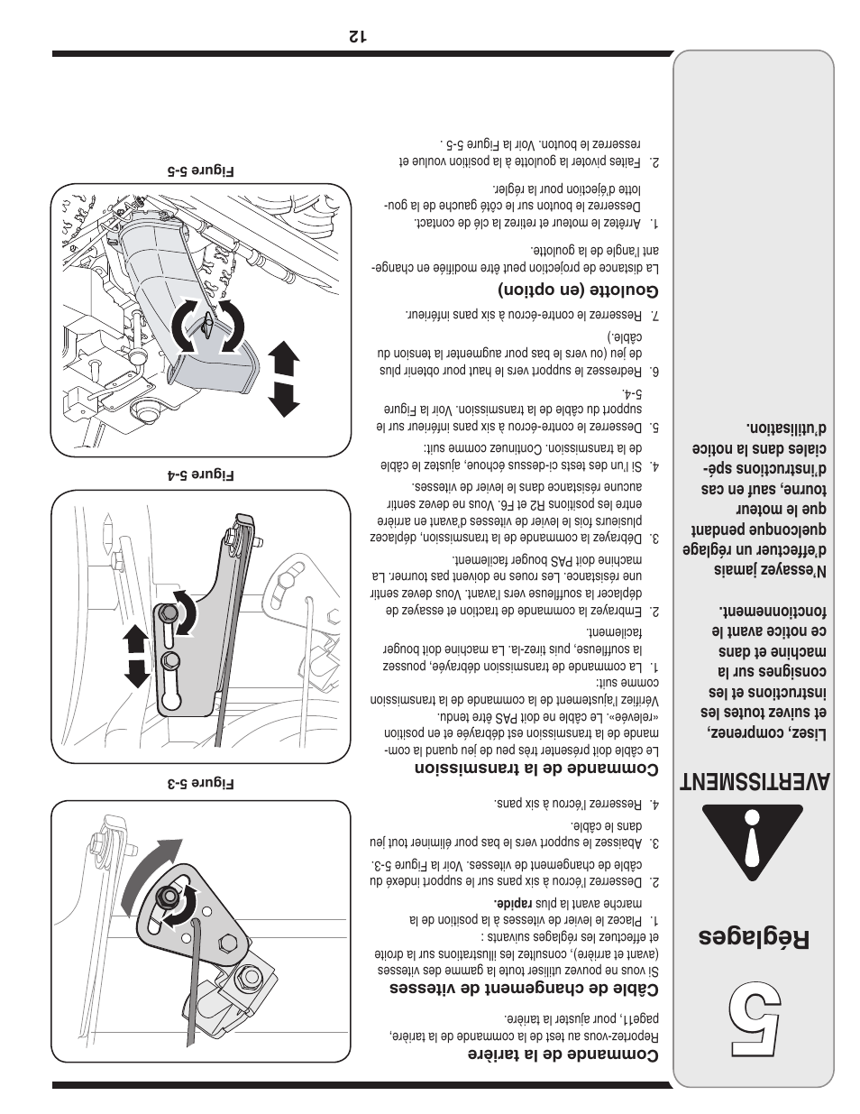 Réglag es, Aver tissment | MTD 769-03244 User Manual | Page 41 / 52