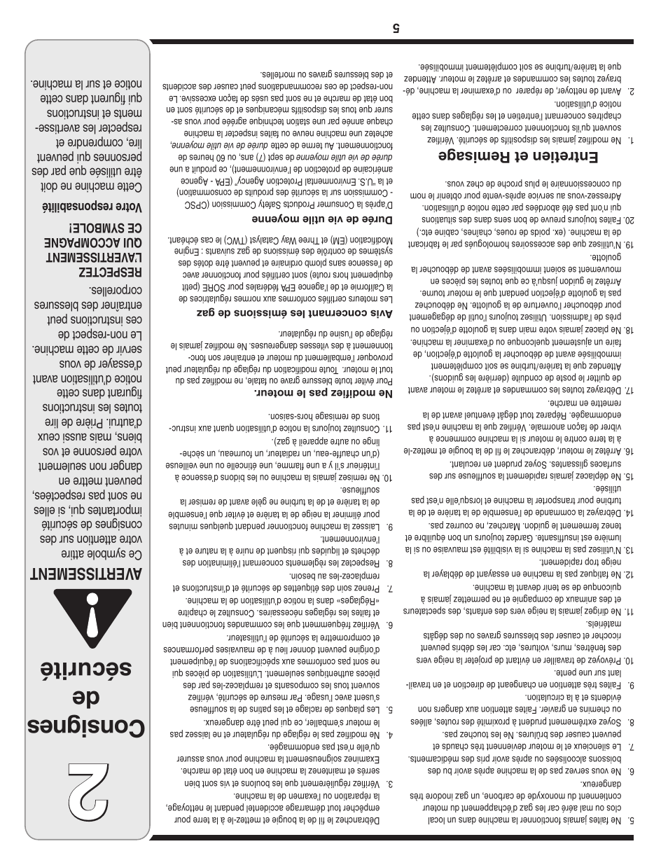 Con sig nes de sécurité, Aver tissement, Entretien et remisag e | MTD 769-03244 User Manual | Page 48 / 52