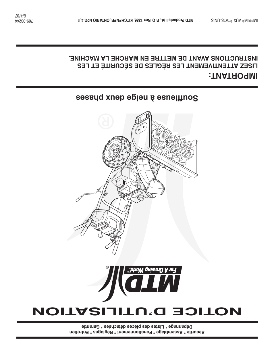 Notice d’utilisa tion, Souffleuse à neige deux phases, Important | MTD 769-03244 User Manual | Page 52 / 52