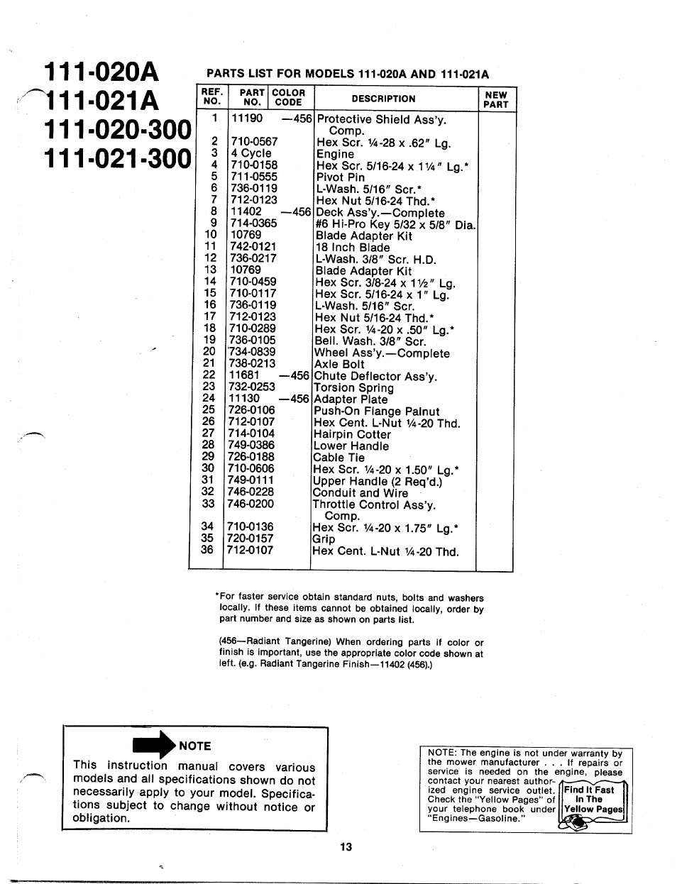 Note | MTD 111-020-300 User Manual | Page 13 / 14