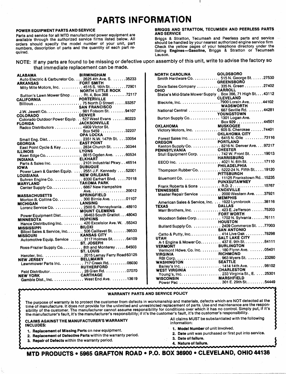 Parts information | MTD 111-020-300 User Manual | Page 14 / 14