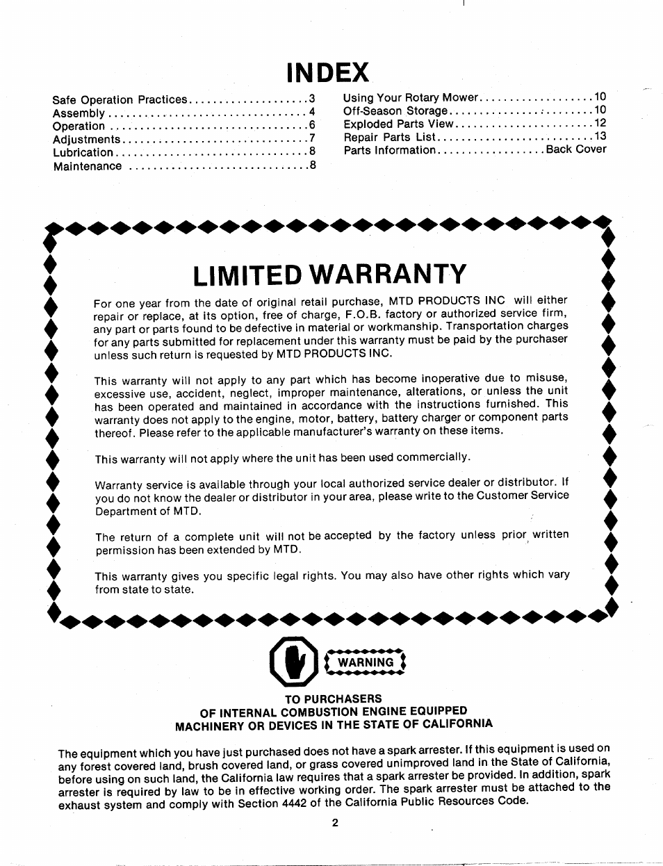 Index, Limited warranty, Warning | To purchasers | MTD 111-020-300 User Manual | Page 2 / 14