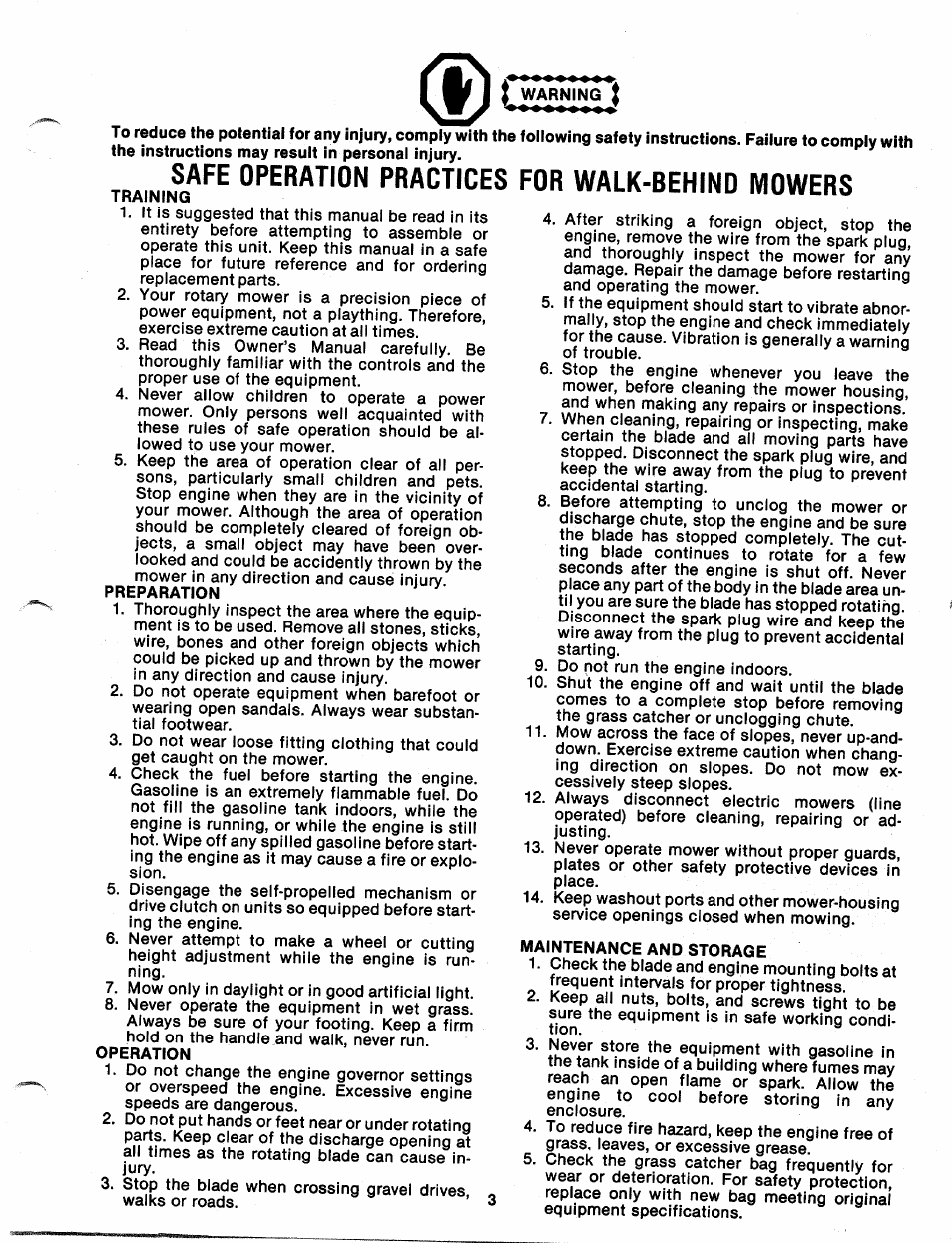 Safe operation practices for walk-behino mowers | MTD 111-020-300 User Manual | Page 3 / 14