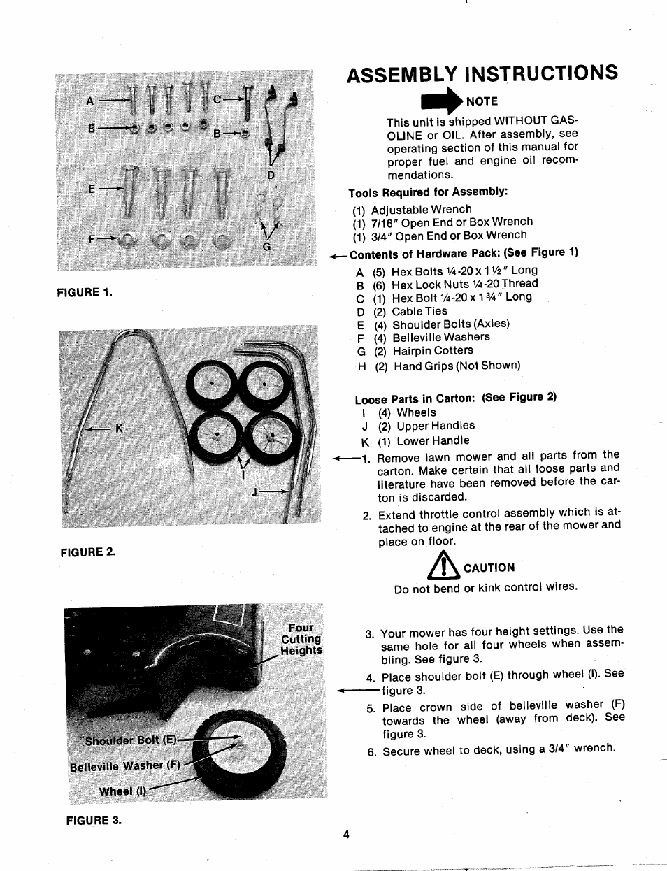 Assembly instructions, Figure 1, Note | Loose parts in carton: (see figure 2), A caution, Í^^ assembly instructions | MTD 111-020-300 User Manual | Page 4 / 14