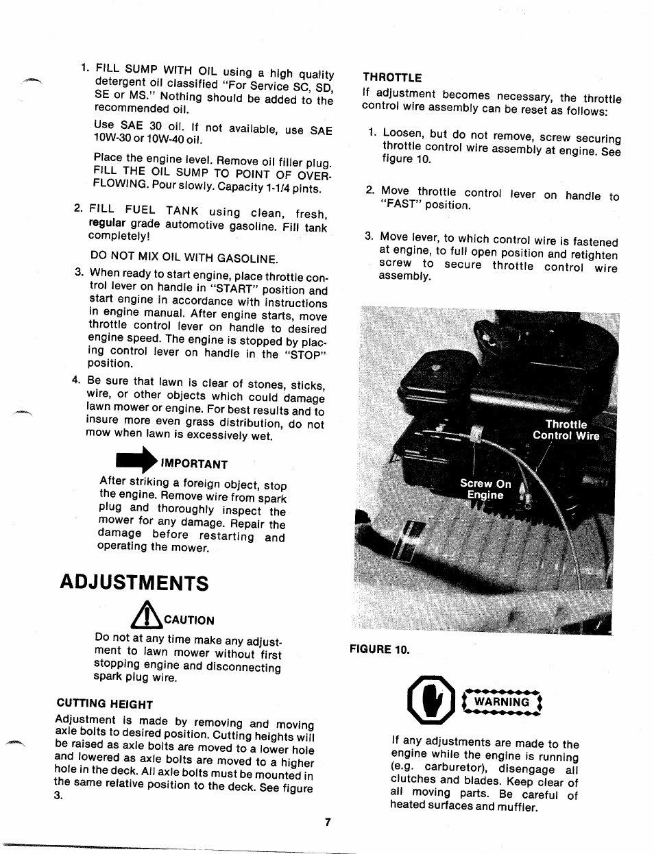 Important, Adjustments, Caution | Cutting height, Throttle, Warning | MTD 111-020-300 User Manual | Page 7 / 14