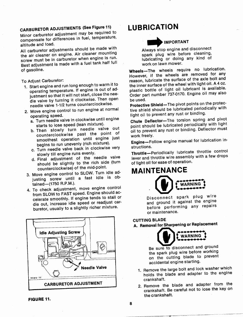 Lubrication, Important, Maintenance | Warning i, Cutting blade, Warning | MTD 111-020-300 User Manual | Page 8 / 14