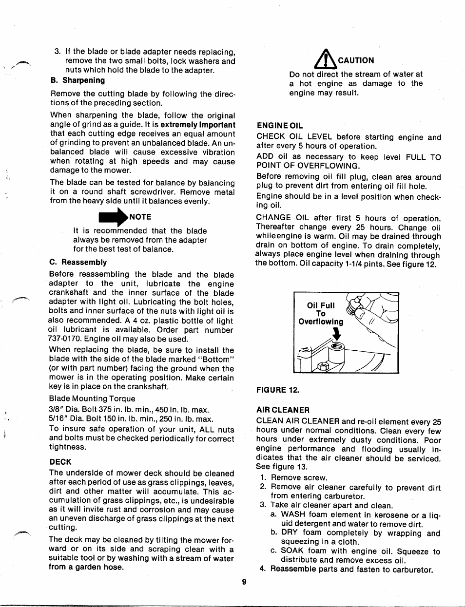 Note, Deck, Caution | Engine oil, Figure 12, Air cleaner | MTD 111-020-300 User Manual | Page 9 / 14