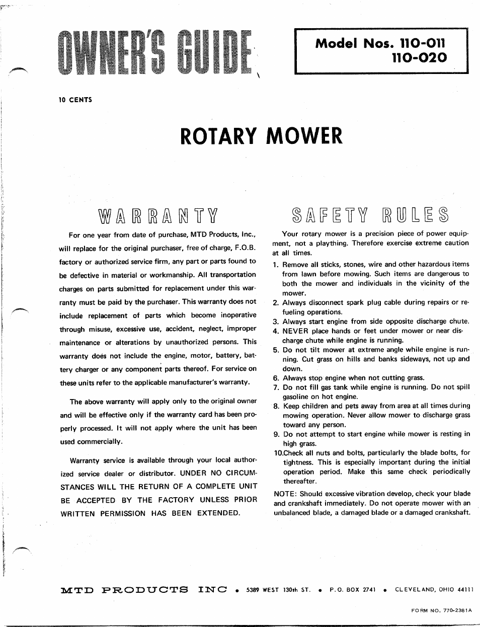 MTD 110-011 User Manual | 4 pages