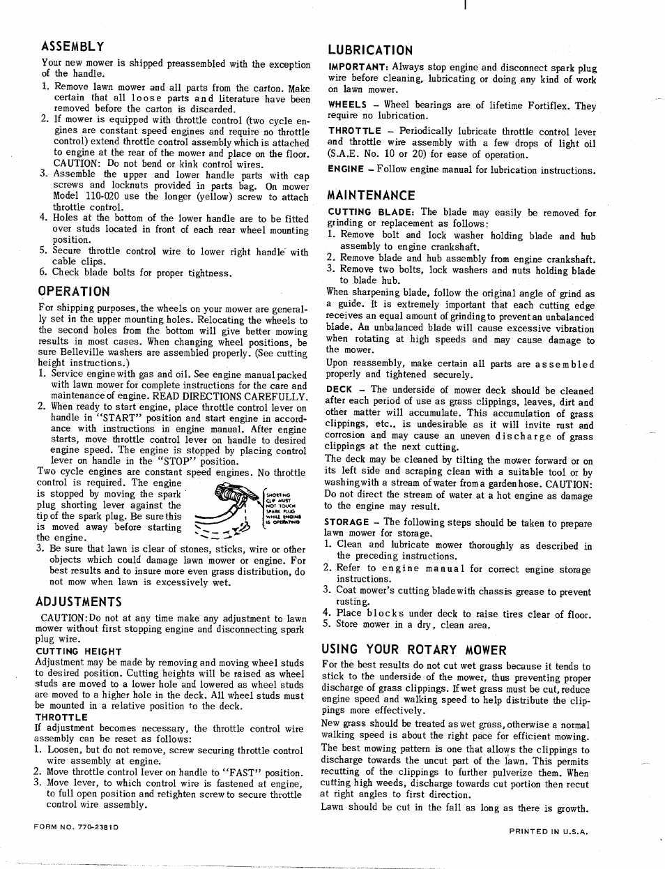Assembly, Operation, Adjustments | Lubrication, Maintenance, Using your rotary mower | MTD 110-011 User Manual | Page 4 / 4