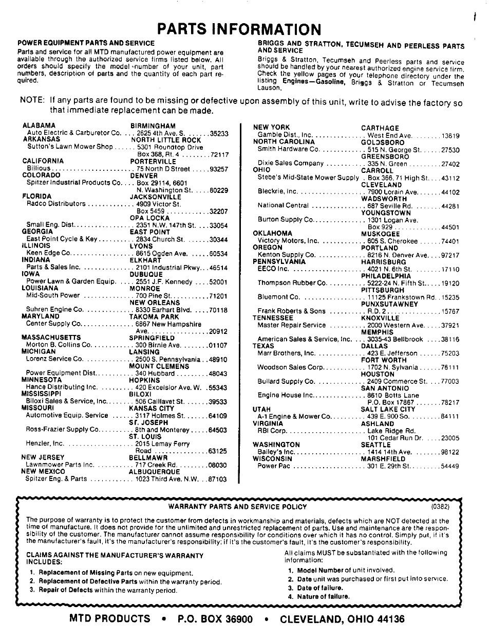 Parts information | MTD 243-689A User Manual | Page 16 / 16